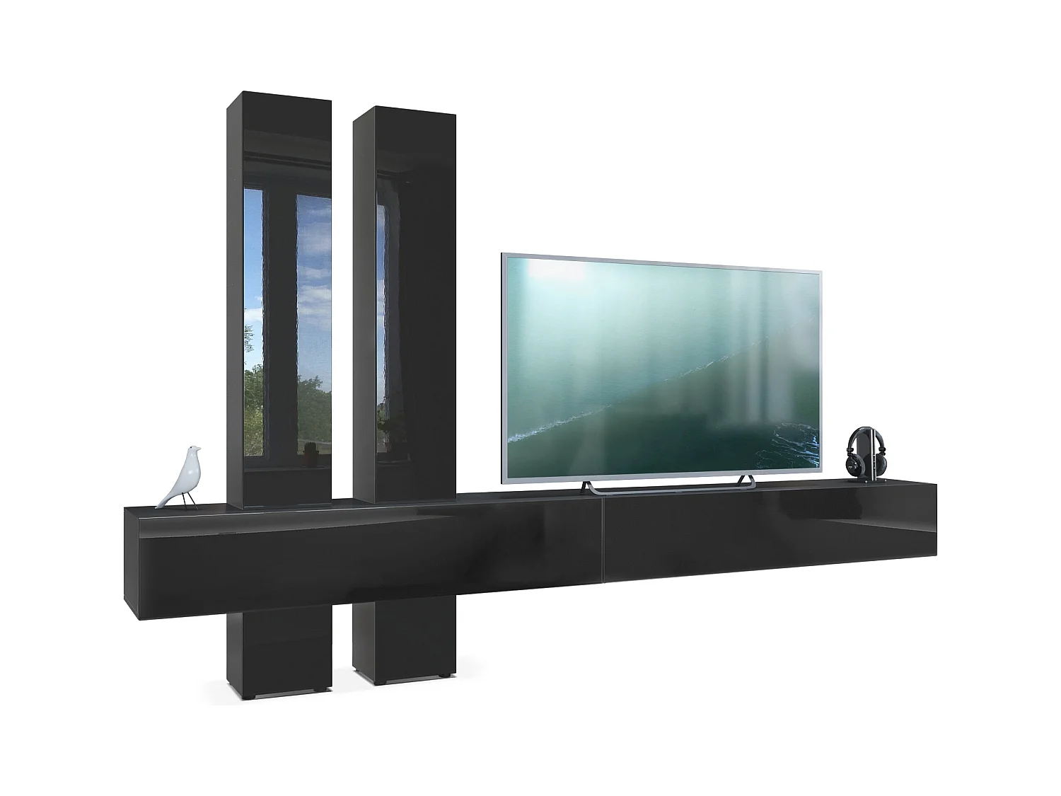 Meuble-paroi Moja de  - Noir mat & noir/noir haute brillance - Meuble-paroi moderne pour votre salon (LxHxP) 330 x 204 x 39 cm