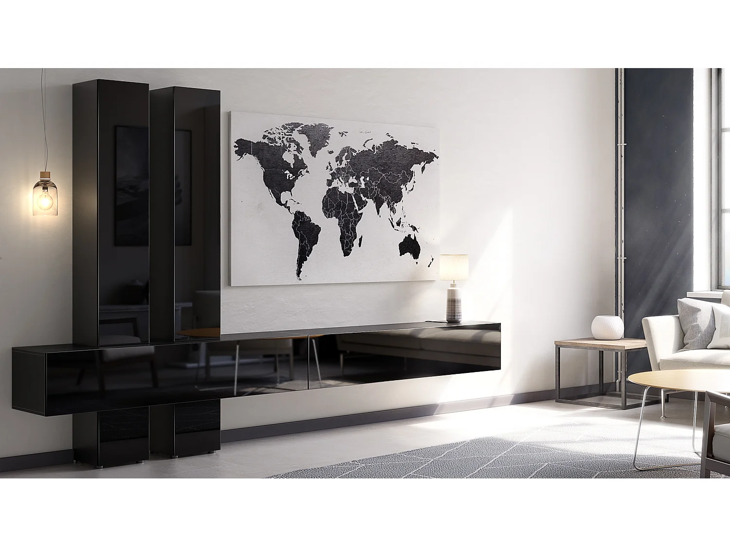 Meuble-paroi Moja de  - Noir mat & noir/noir haute brillance - Meuble-paroi moderne pour votre salon (LxHxP) 330 x 204 x 39 cm