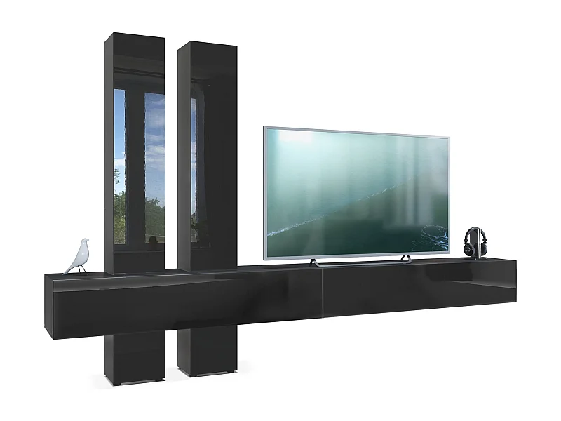 Meuble-paroi Moja de  - Noir mat & noir/noir haute brillance - Meuble-paroi moderne pour votre salon (LxHxP) 330 x 204 x 39 cm