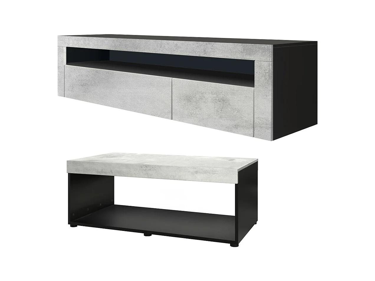 Ensemble de salon  Berlin, composé de 1 meuble TV avec 1 compartiment ouvert et 2 abattants, et 1 table basse, noir mat/aspect béton oxyde