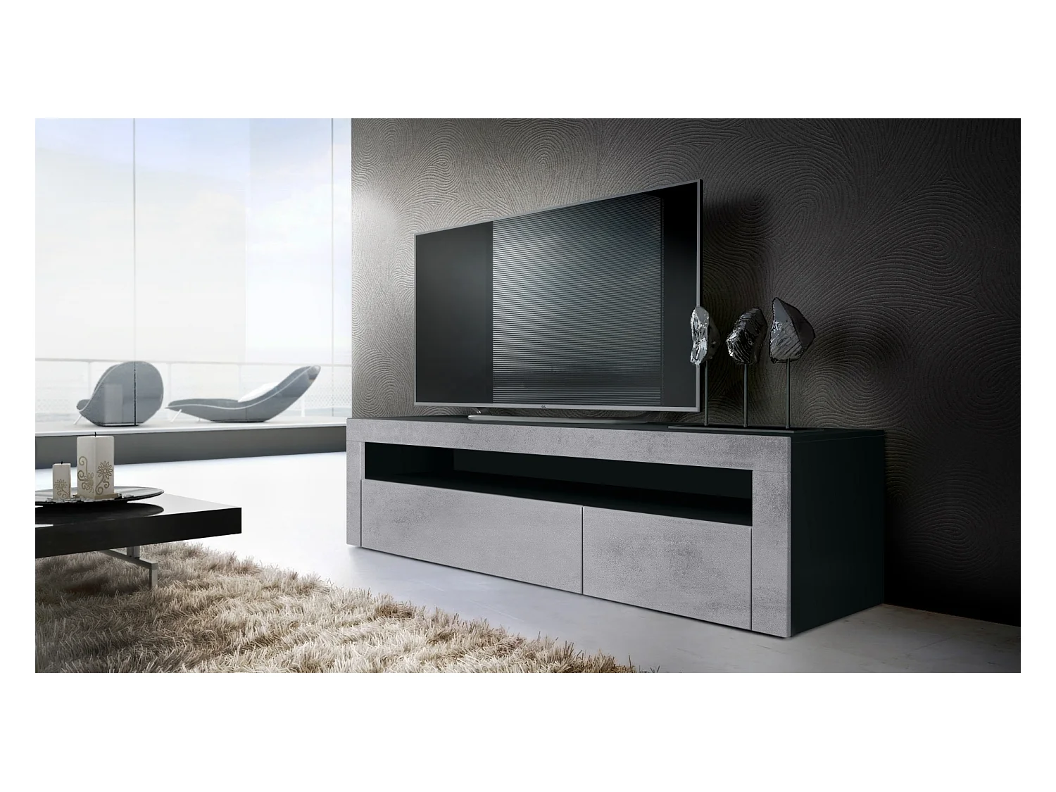 Ensemble de salon  Berlin, composé de 1 meuble TV avec 1 compartiment ouvert et 2 abattants, et 1 table basse, noir mat/aspect béton oxyde