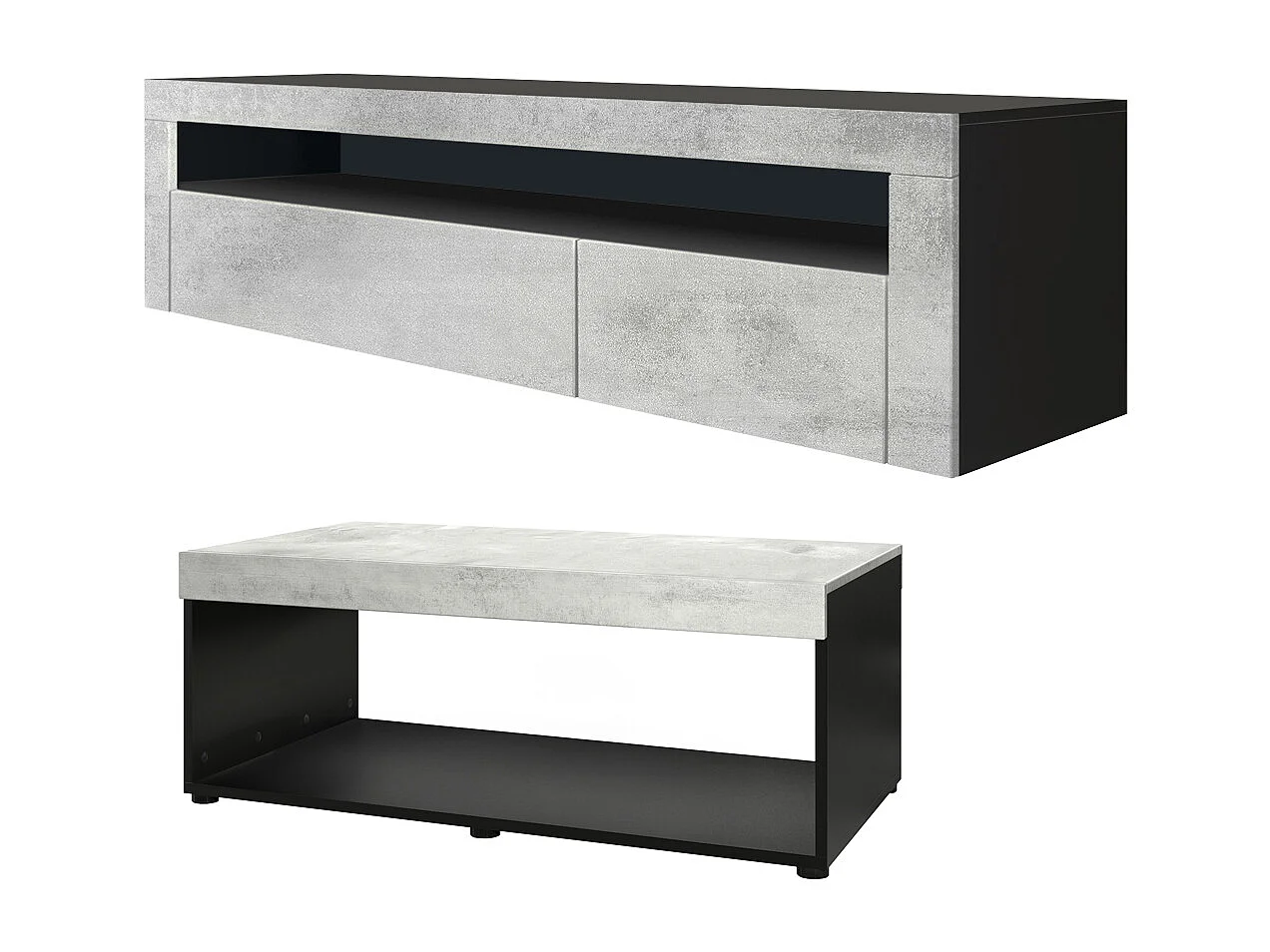 Ensemble de salon  Berlin, composé de 1 meuble TV avec 1 compartiment ouvert et 2 abattants, et 1 table basse, noir mat/aspect béton oxyde