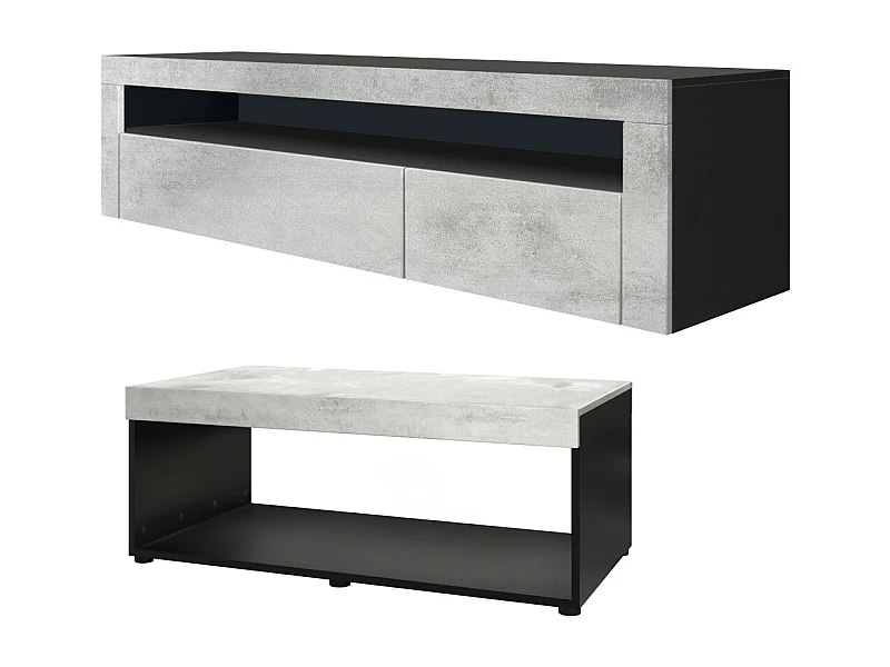 Ensemble de salon  Berlin, composé de 1 meuble TV avec 1 compartiment ouvert et 2 abattants, et 1 table basse, noir mat/aspect béton oxyde