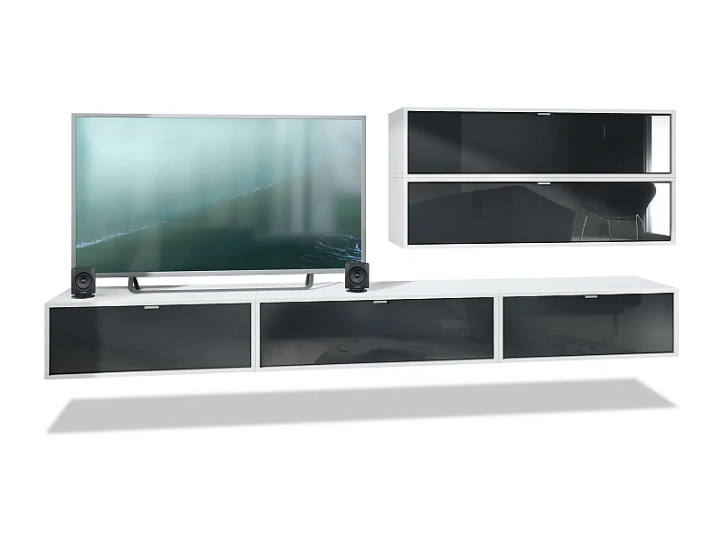 Unité murale Lana V2 composée de 5 unités murales à 12 compartiments, caisson en Blanc mat, façades en Noir haute brillance