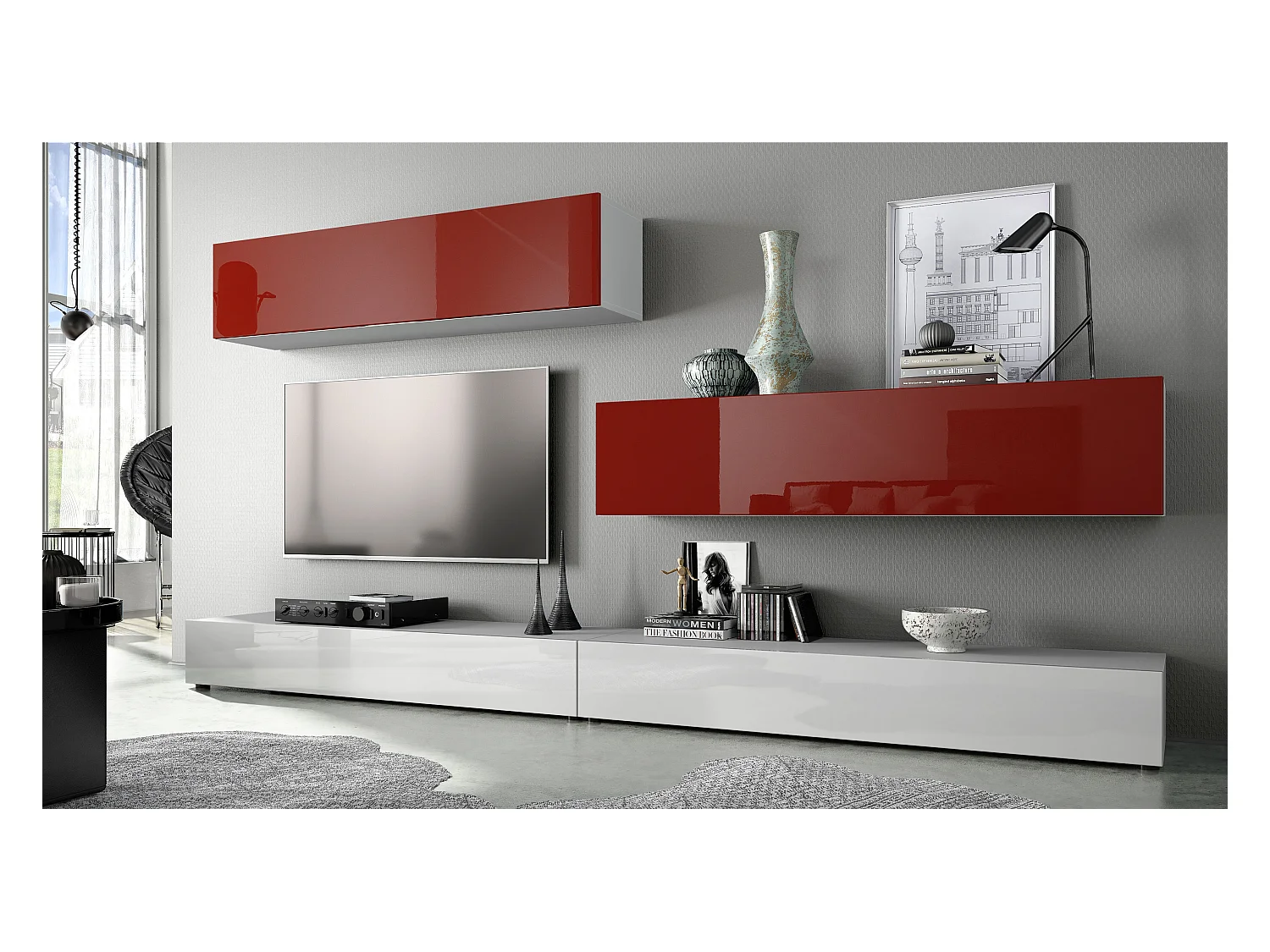 WOHNWAND Nublo Klappen in Bordeaux Hochglanz