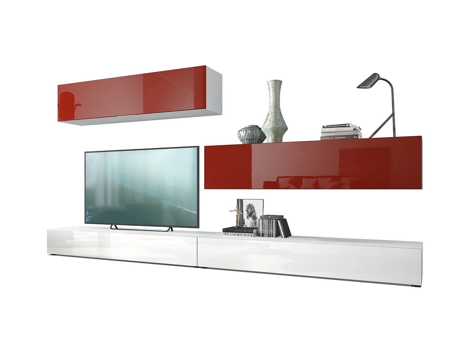 Combinaison murale Armoire Nublo, Corps en Blanc mat / Façades en Blanc haute brillance et Bordeaux haute brillance