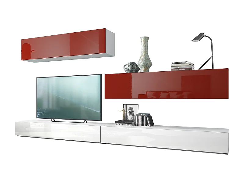 Mueble de pared Nublo, cuerpo en blanco mate/ frentes en blanco de alto brillo y burdeos de alto brillo