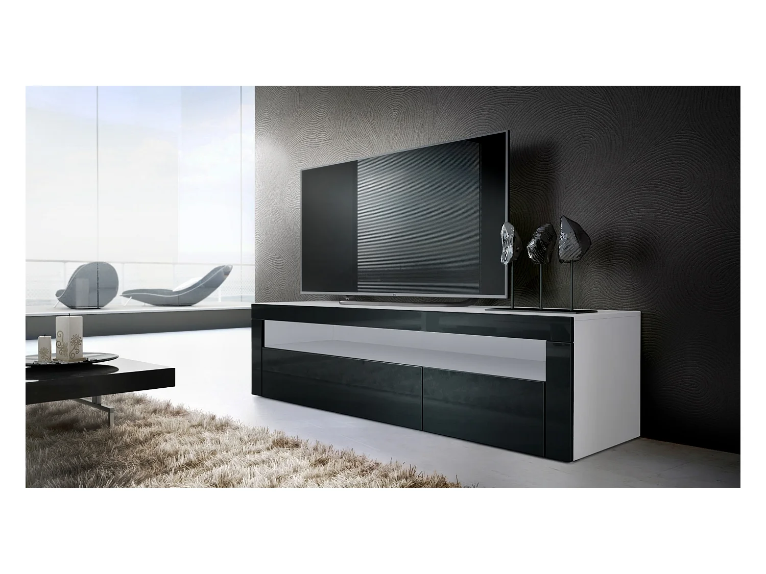 Ensemble de salon  Berlin, composé de 1 meuble TV avec 1 compartiment ouvert et 2 abattants, et 1 table basse, blanc mat/noir haute brillance