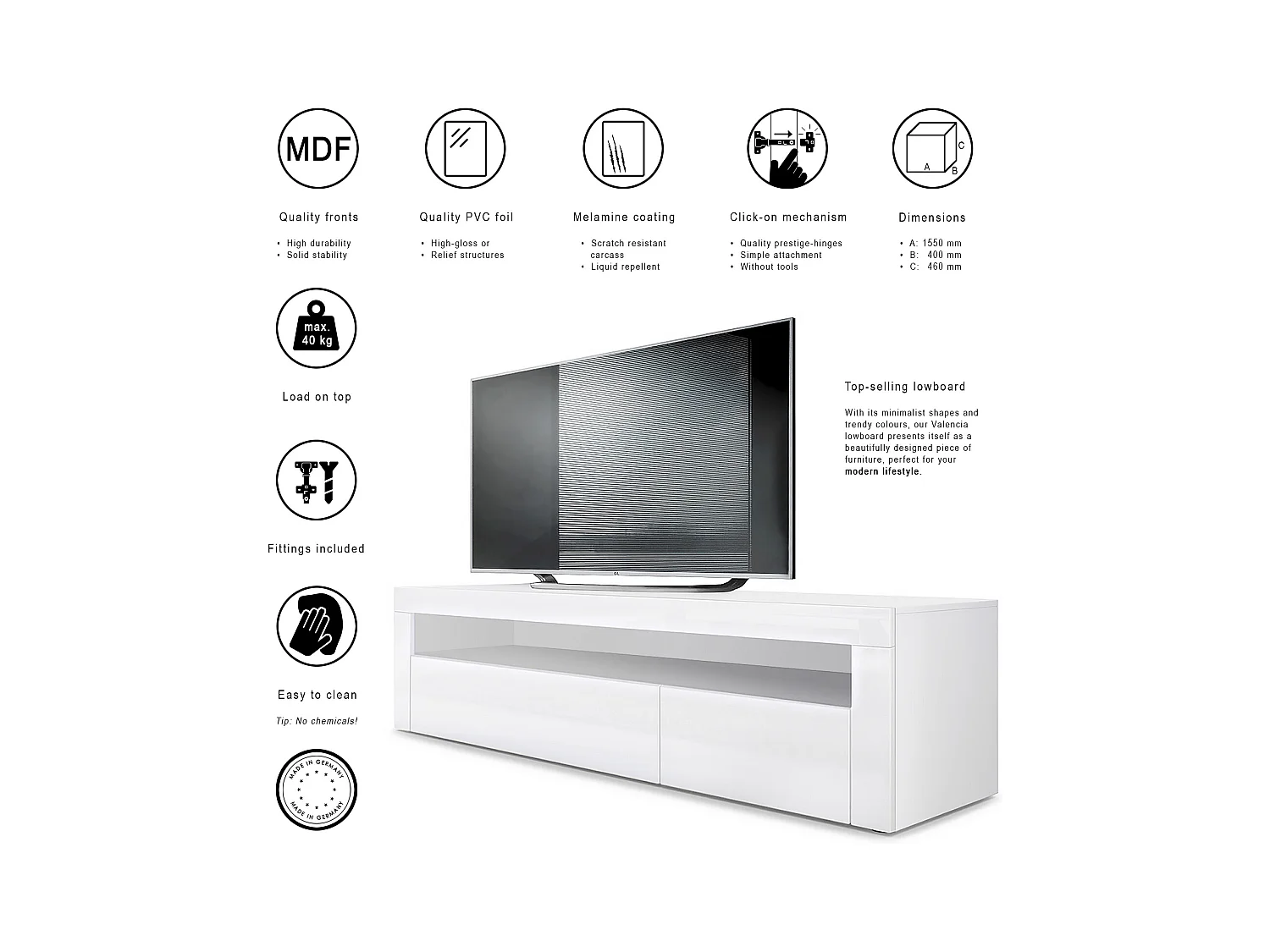 Ensemble de salon  Berlin, composé de 1 meuble TV avec 1 compartiment ouvert et 2 abattants, et 1 table basse, blanc mat/noir haute brillance