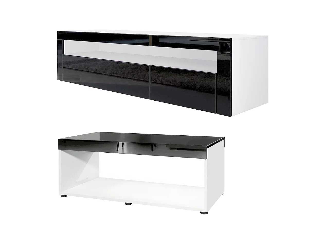 Set soggiorno Vladon Berlin, composto da 1 mobile TV con 1 vano aperto e 2 sportelli, e 1 tavolino da caffè, bianco opaco/nero lucido