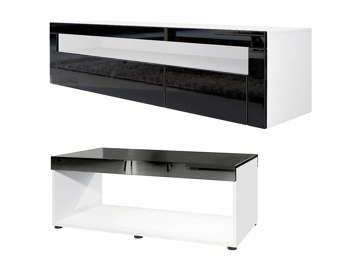 Ensemble de salon  Berlin, composé de 1 meuble TV avec 1 compartiment ouvert et 2 abattants, et 1 table basse, blanc mat/noir haute brillance