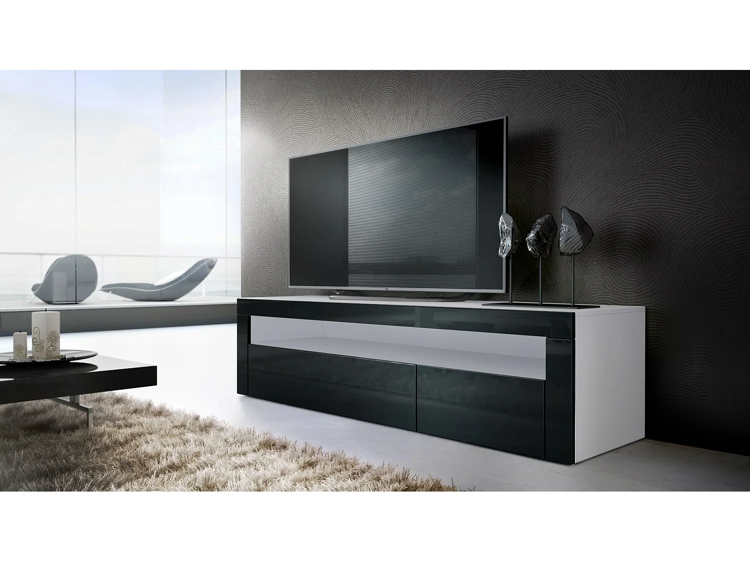 Ensemble de salon  Berlin, composé de 1 meuble TV avec 1 compartiment ouvert et 2 abattants, et 1 table basse, blanc mat/noir haute brillance