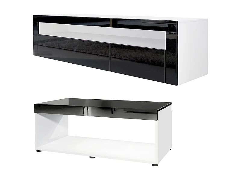 Ensemble de salon  Berlin, composé de 1 meuble TV avec 1 compartiment ouvert et 2 abattants, et 1 table basse, blanc mat/noir haute brillance