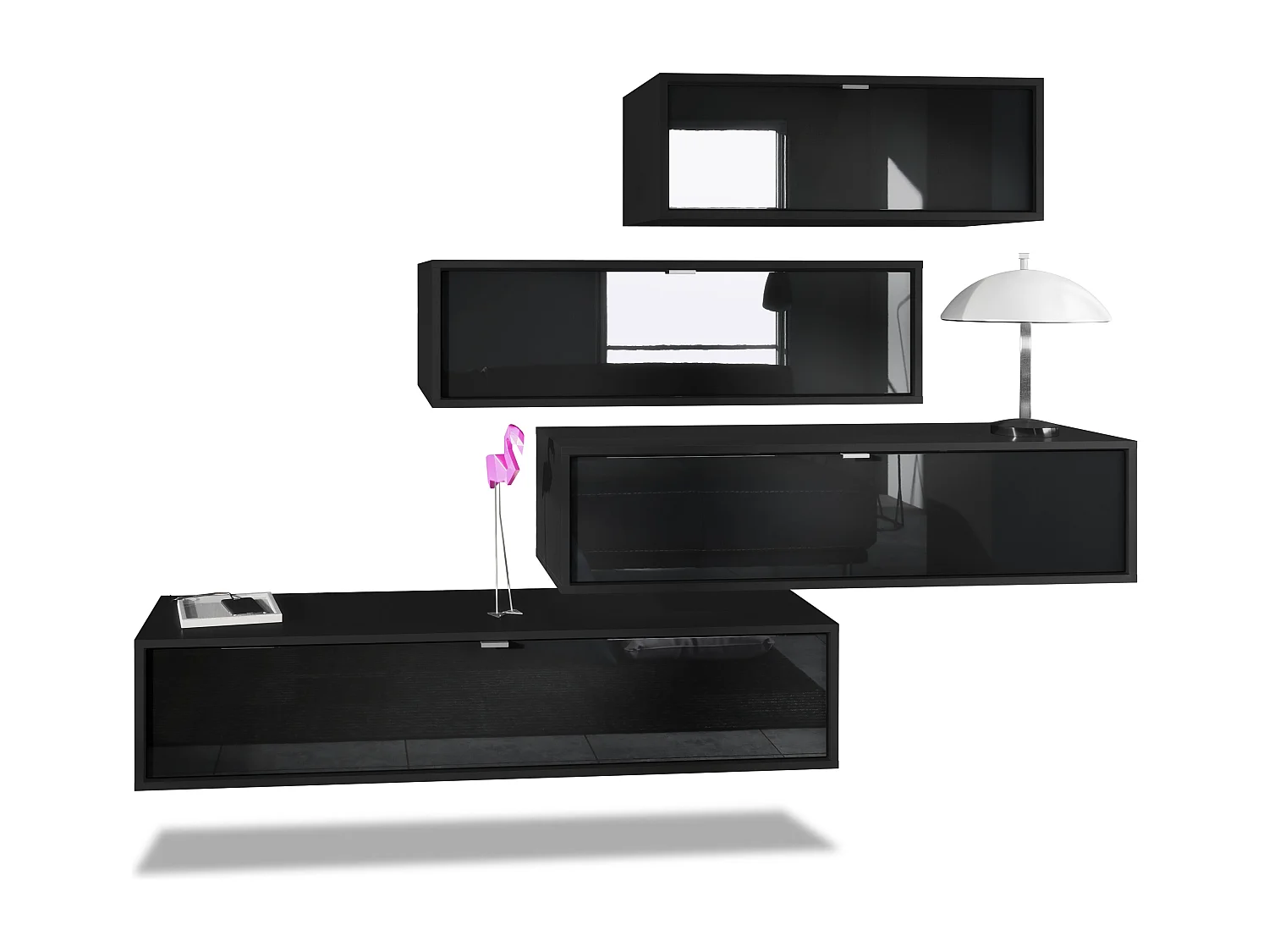 Unité murale Lana V3 composée de 4 unités murales à 10 compartiments, caisson en Noir mat, façades en Noir haute brillance