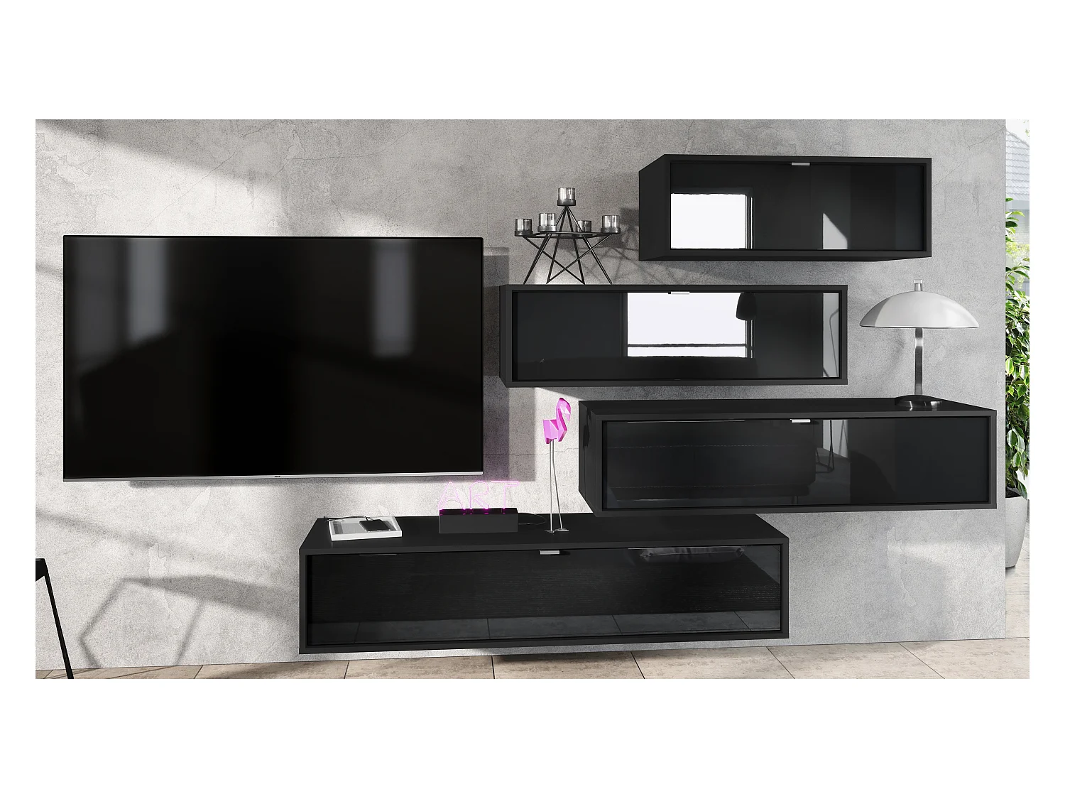 Unité murale Lana V3 composée de 4 unités murales à 10 compartiments, caisson en Noir mat, façades en Noir haute brillance