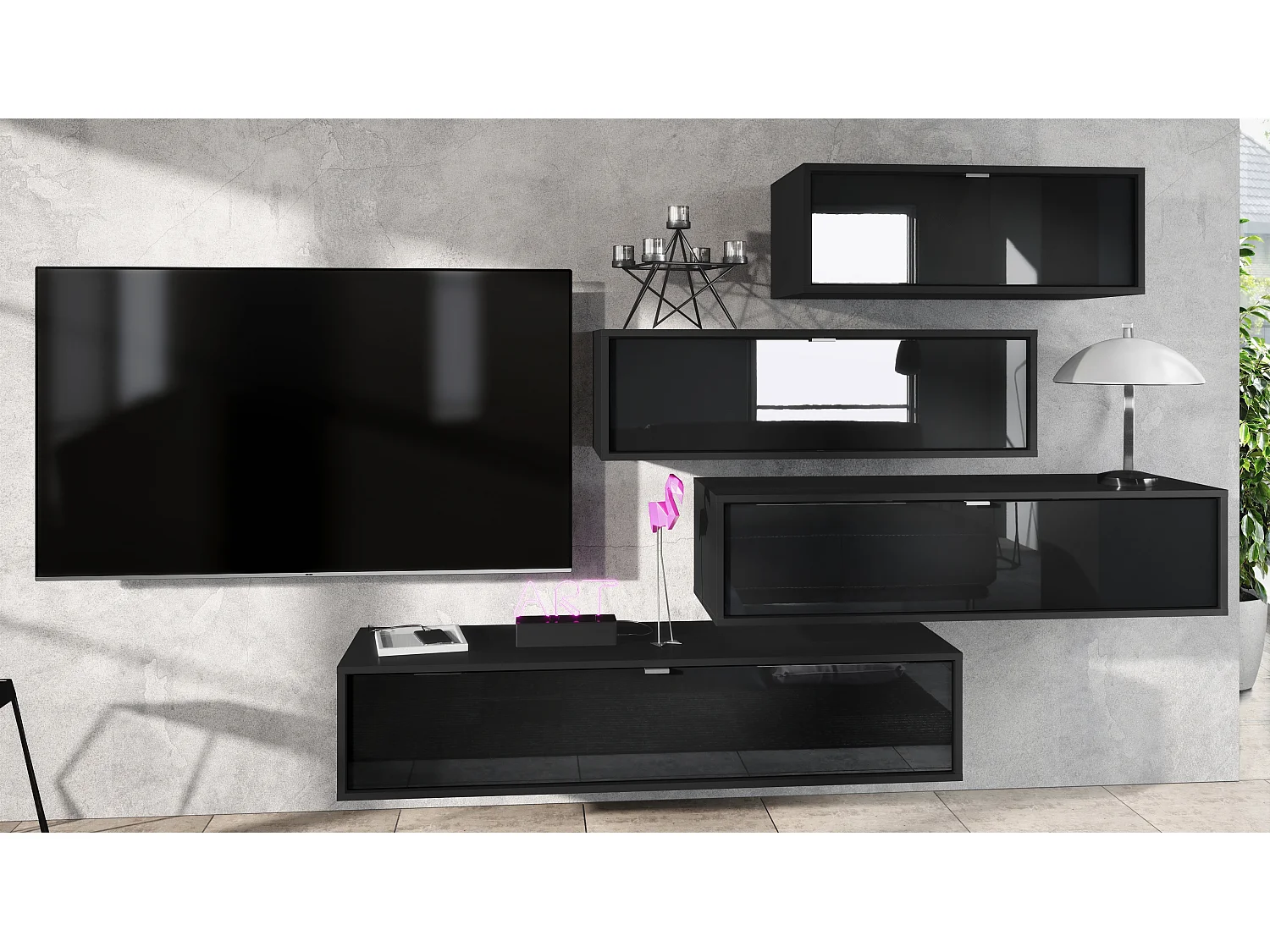 Unité murale Lana V3 composée de 4 unités murales à 10 compartiments, caisson en Noir mat, façades en Noir haute brillance