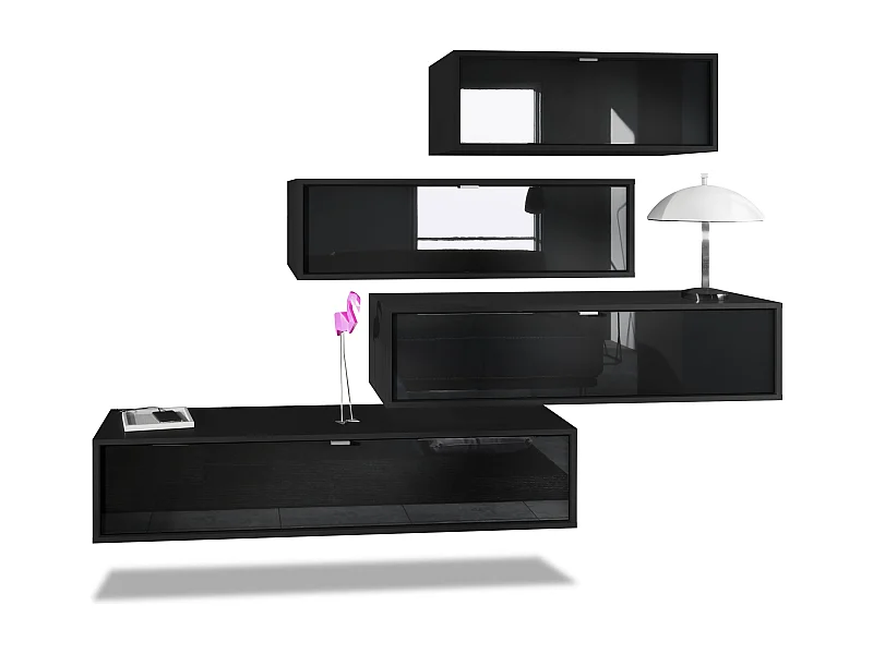 Unité murale Lana V3 composée de 4 unités murales à 10 compartiments, caisson en Noir mat, façades en Noir haute brillance