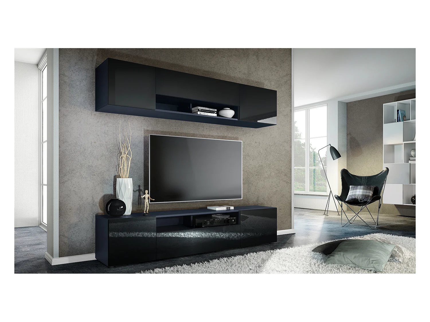 Meuble mural de salon Mogan avec deux éléments de 181x39x35 cm, meuble mural de salon suspendu avec 12 compartiments, Anthracite mat/Noir brillant