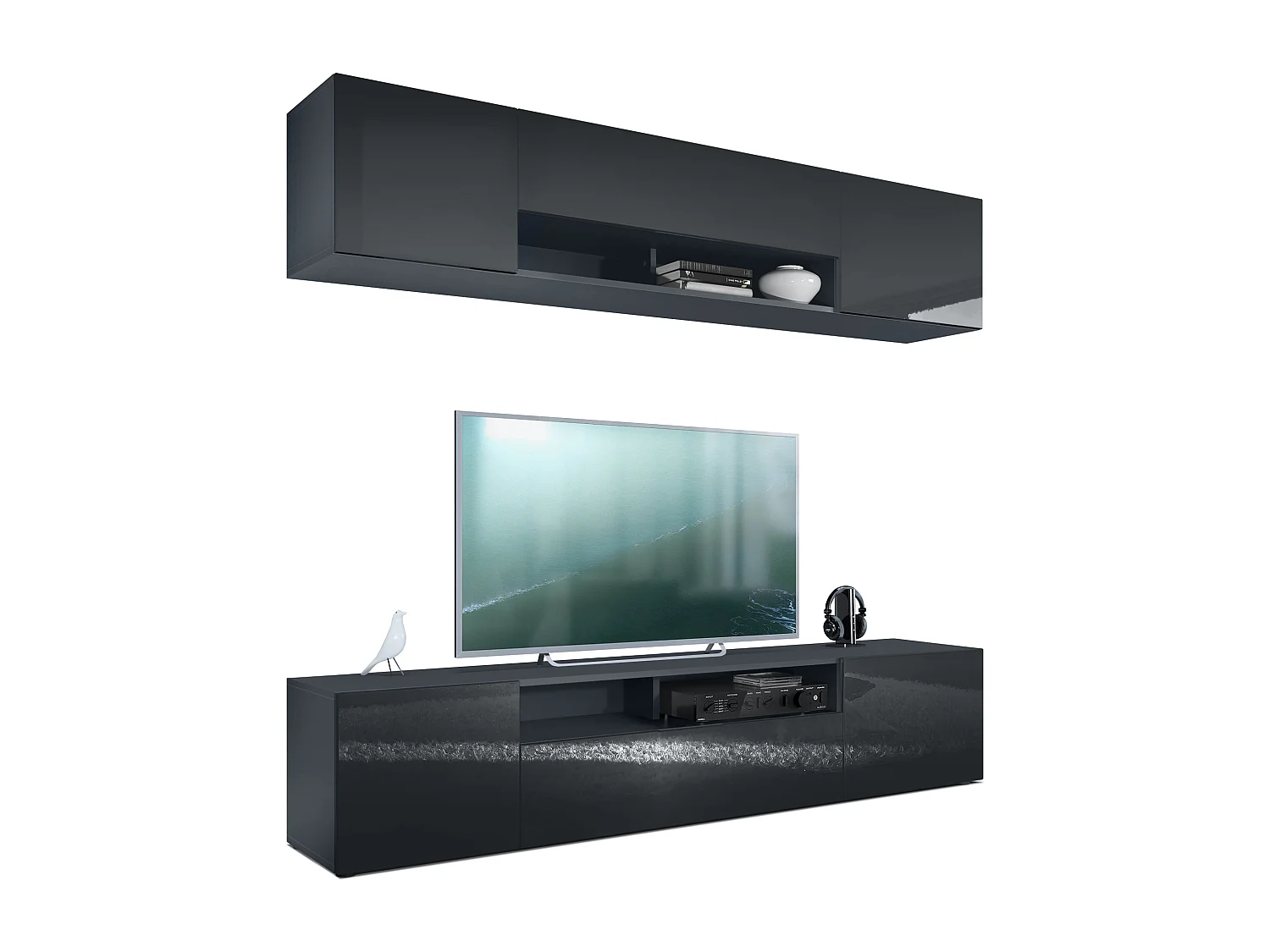 Pensile Mogan con due elementi da 181 x 39 x 35 cm, mobile da soggiorno sospeso con 12 scomparti, struttura in antracite opaco, frontali in nero High Gloss