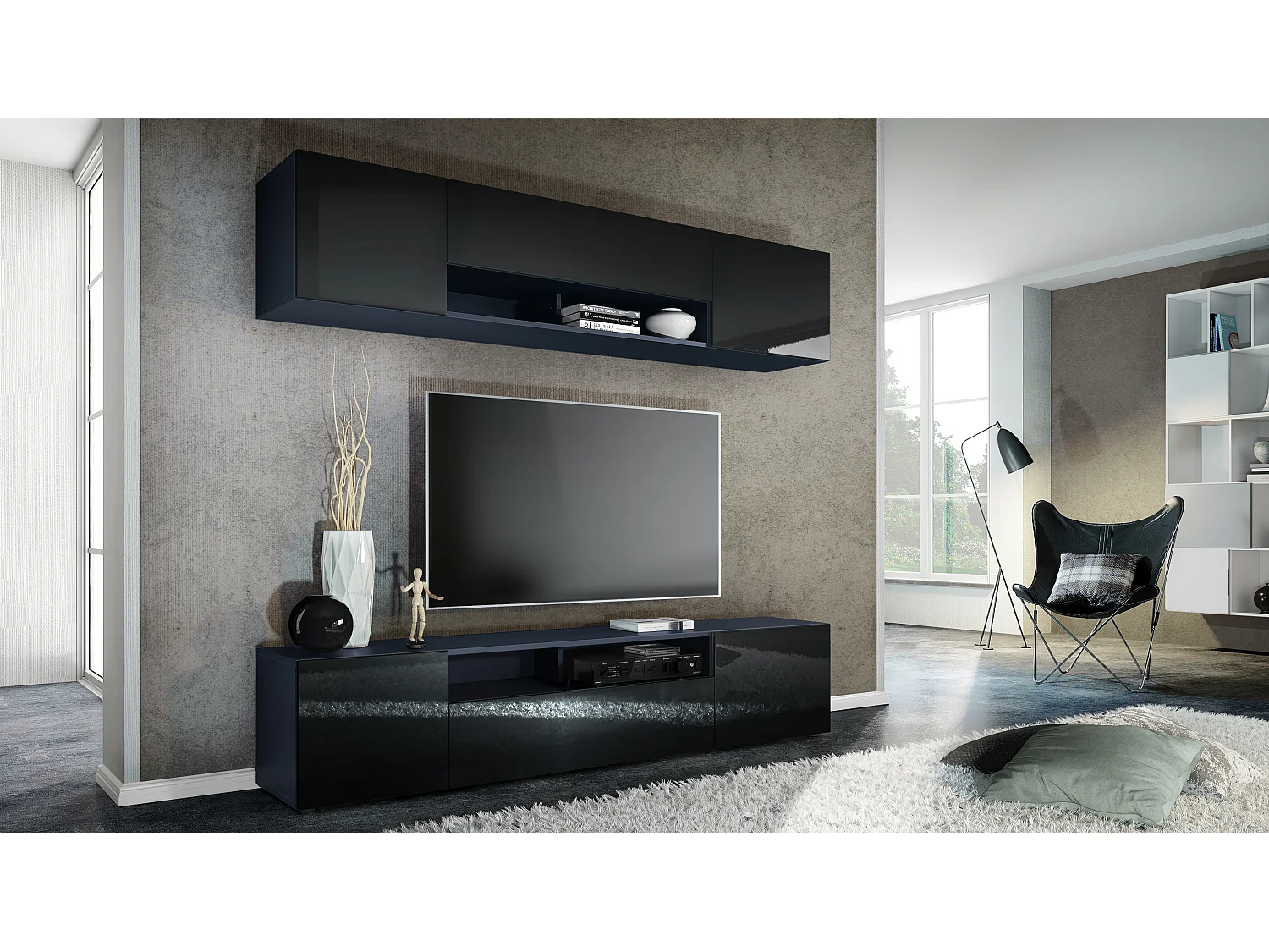 Pensile Mogan con due elementi da 181 x 39 x 35 cm, mobile da soggiorno sospeso con 12 scomparti, struttura in antracite opaco, frontali in nero High Gloss
