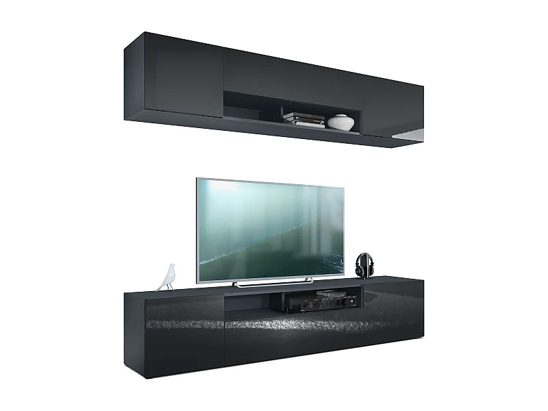 Meuble mural de salon Mogan avec deux éléments de 181x39x35 cm, meuble mural de salon suspendu avec 12 compartiments, Anthracite mat/Noir brillant