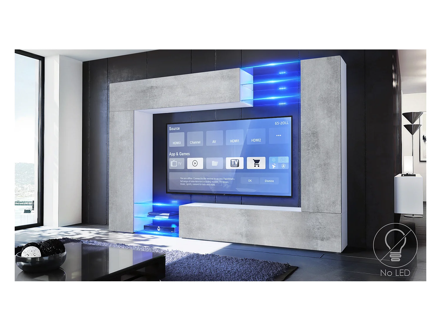 Meuble TV mural Mirage, Ensemble étagère TV et 2 portes, 2 clapets et 6 étagères en verre, Noir mat/Aspect Béton Oxyde (262 x 183 x 39 cm)