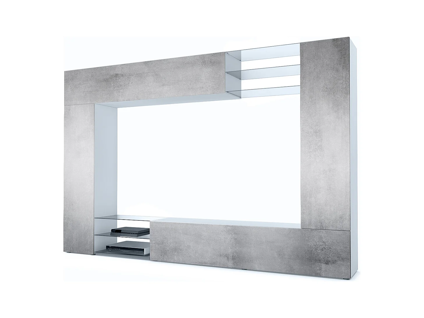 Meuble TV mural Mirage, Ensemble étagère TV et 2 portes, 2 clapets et 6 étagères en verre, Noir mat/Aspect Béton Oxyde (262 x 183 x 39 cm)