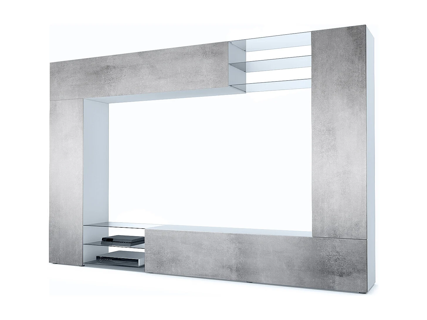 Set da soggiorno  Mirage, Parete attrezzata con 2 ante, 2 ante a ribalta e 6 ripiani a giorno in vetro, nero opaco/ossido grigio cemento (262 x 183 x 39 cm)