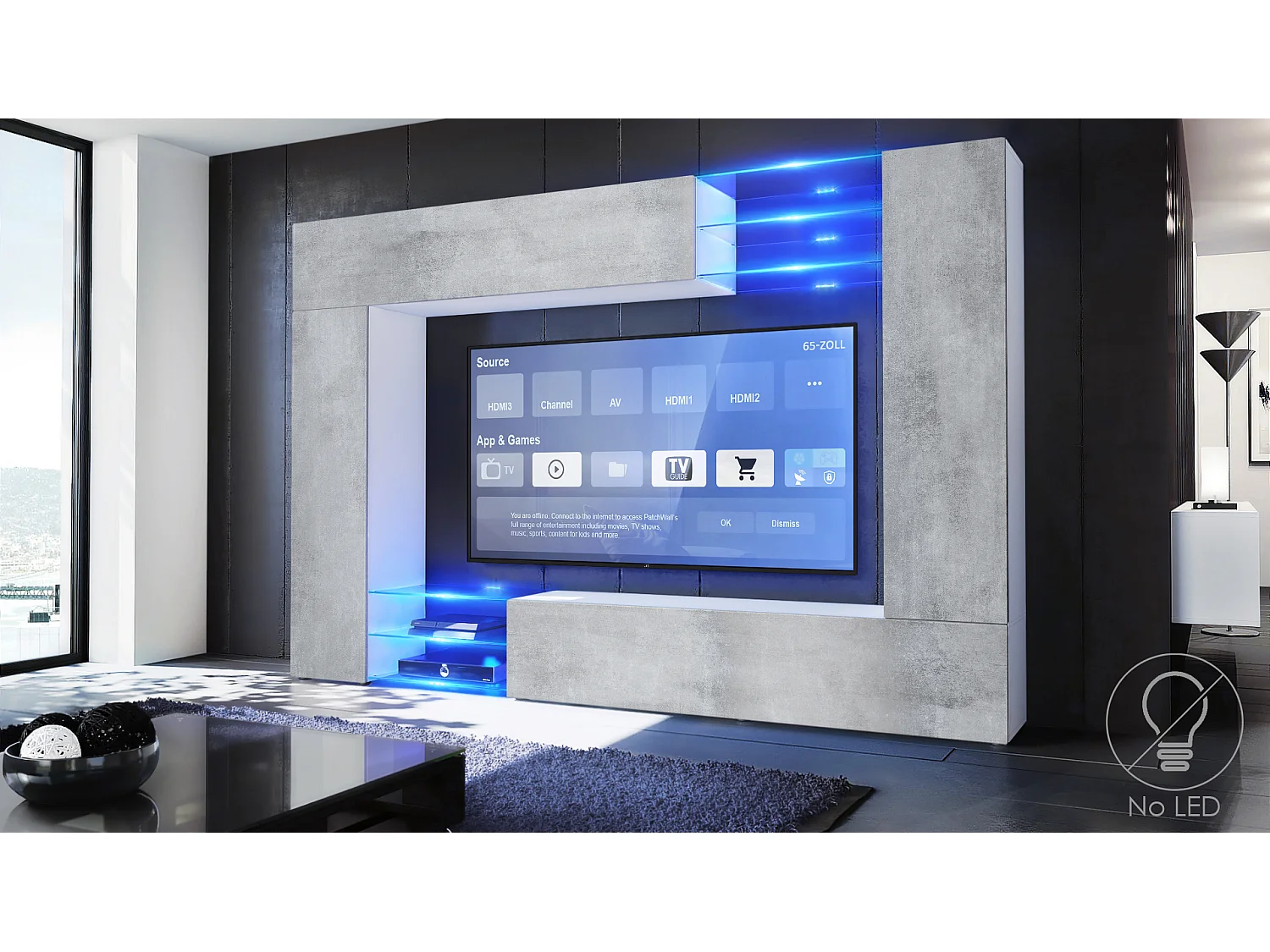 Set da soggiorno  Mirage, Parete attrezzata con 2 ante, 2 ante a ribalta e 6 ripiani a giorno in vetro, nero opaco/ossido grigio cemento (262 x 183 x 39 cm)