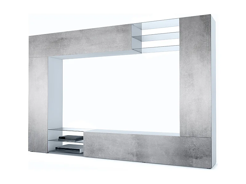 Meuble TV mural Mirage, Ensemble étagère TV et 2 portes, 2 clapets et 6 étagères en verre, Noir mat/Aspect Béton Oxyde (262 x 183 x 39 cm)