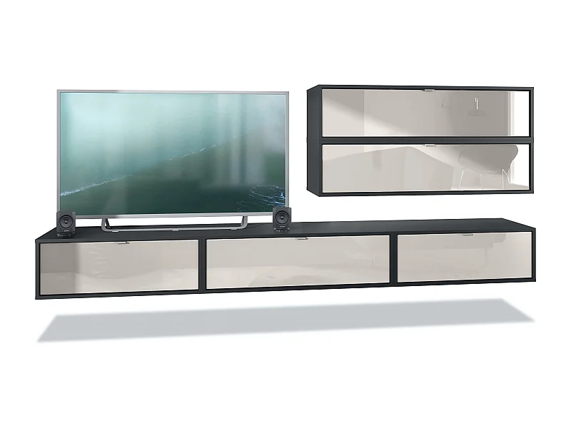 Unité murale Lana V2 composée de 5 unités murales à 12 compartiments, caisson en Noir mat, façades en Gris sable haute brillance