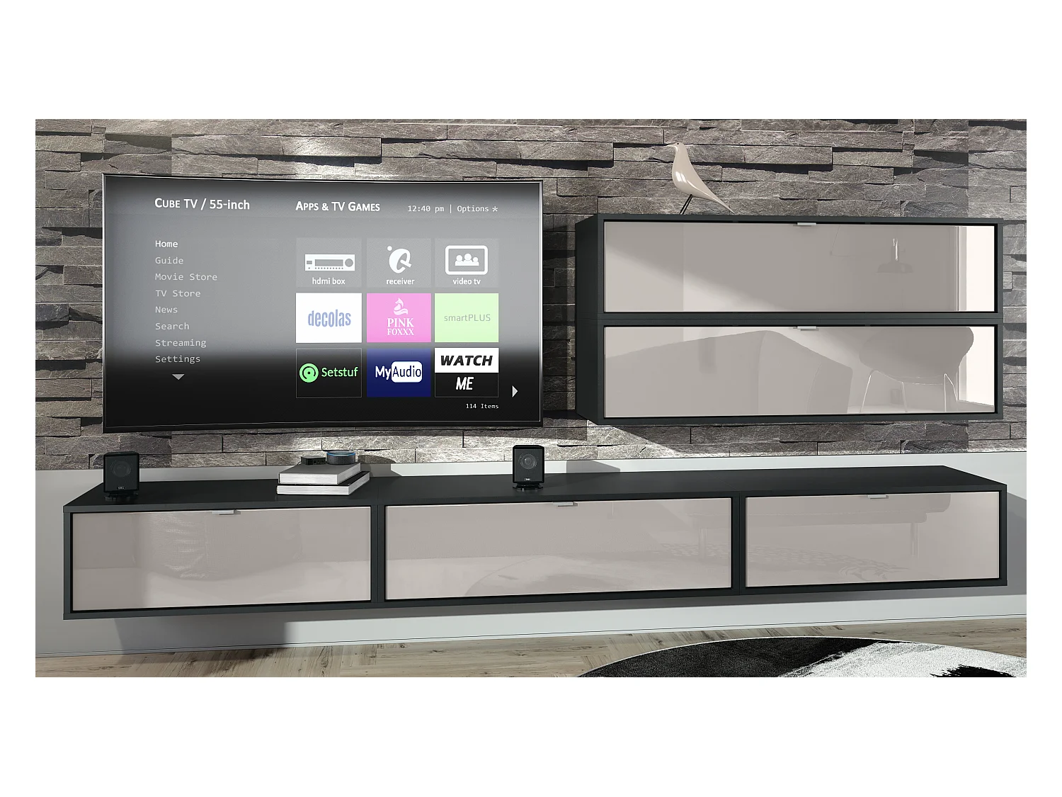 Unité murale Lana V2 composée de 5 unités murales à 12 compartiments, caisson en Noir mat, façades en Gris sable haute brillance