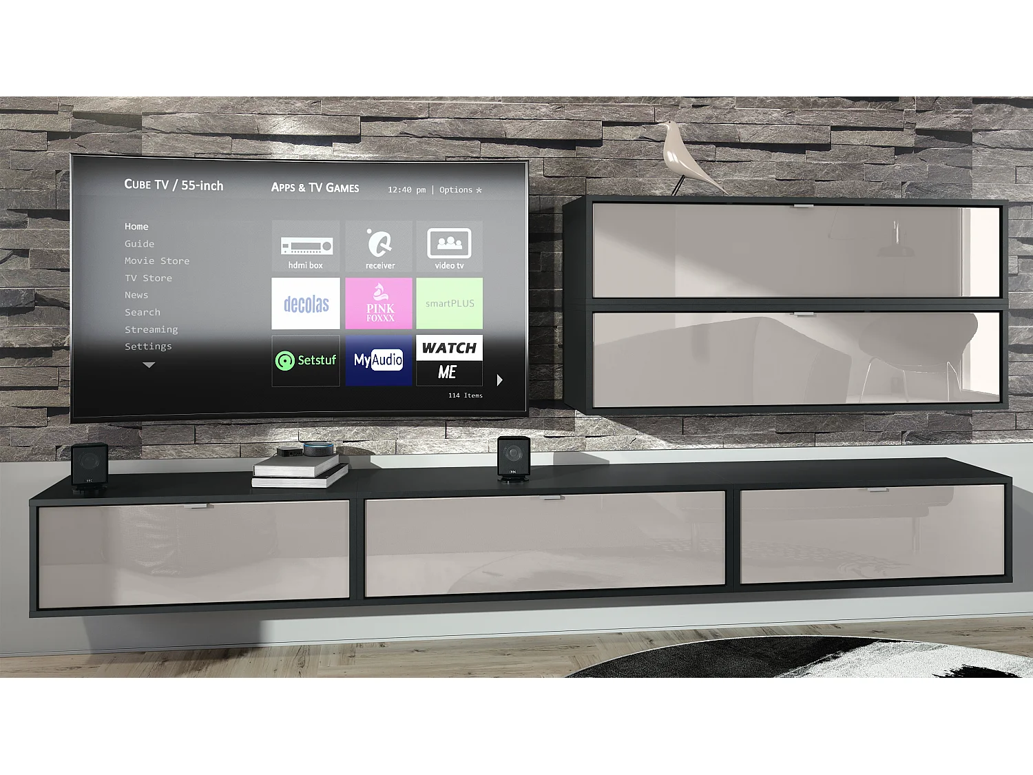 Unité murale Lana V2 composée de 5 unités murales à 12 compartiments, caisson en Noir mat, façades en Gris sable haute brillance