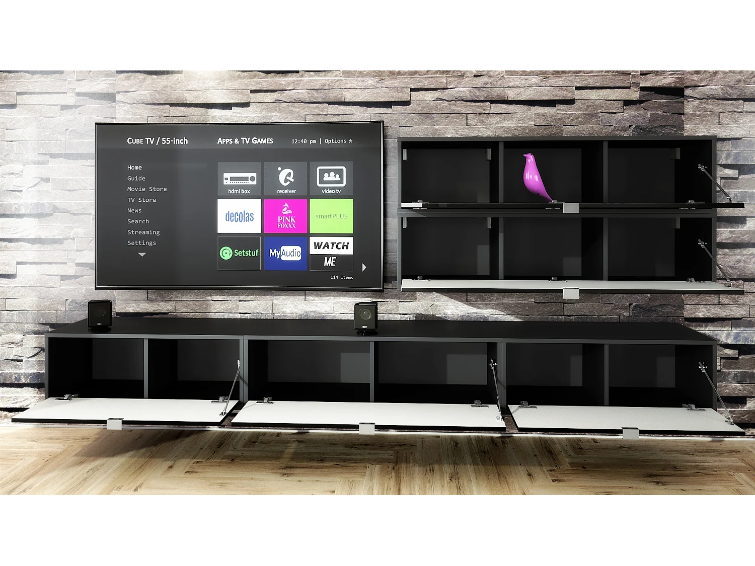 Unité murale Lana V2 composée de 5 unités murales à 12 compartiments, caisson en Noir mat, façades en Gris sable haute brillance