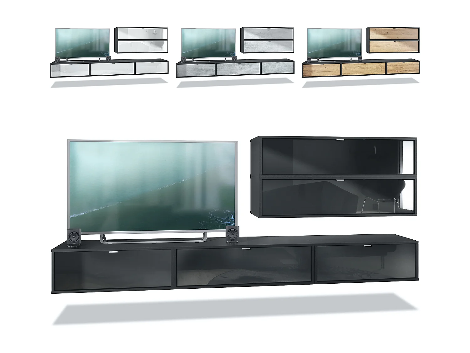 Unité murale Lana V2 composée de 5 unités murales à 12 compartiments, caisson en Noir mat, façades en Gris sable haute brillance