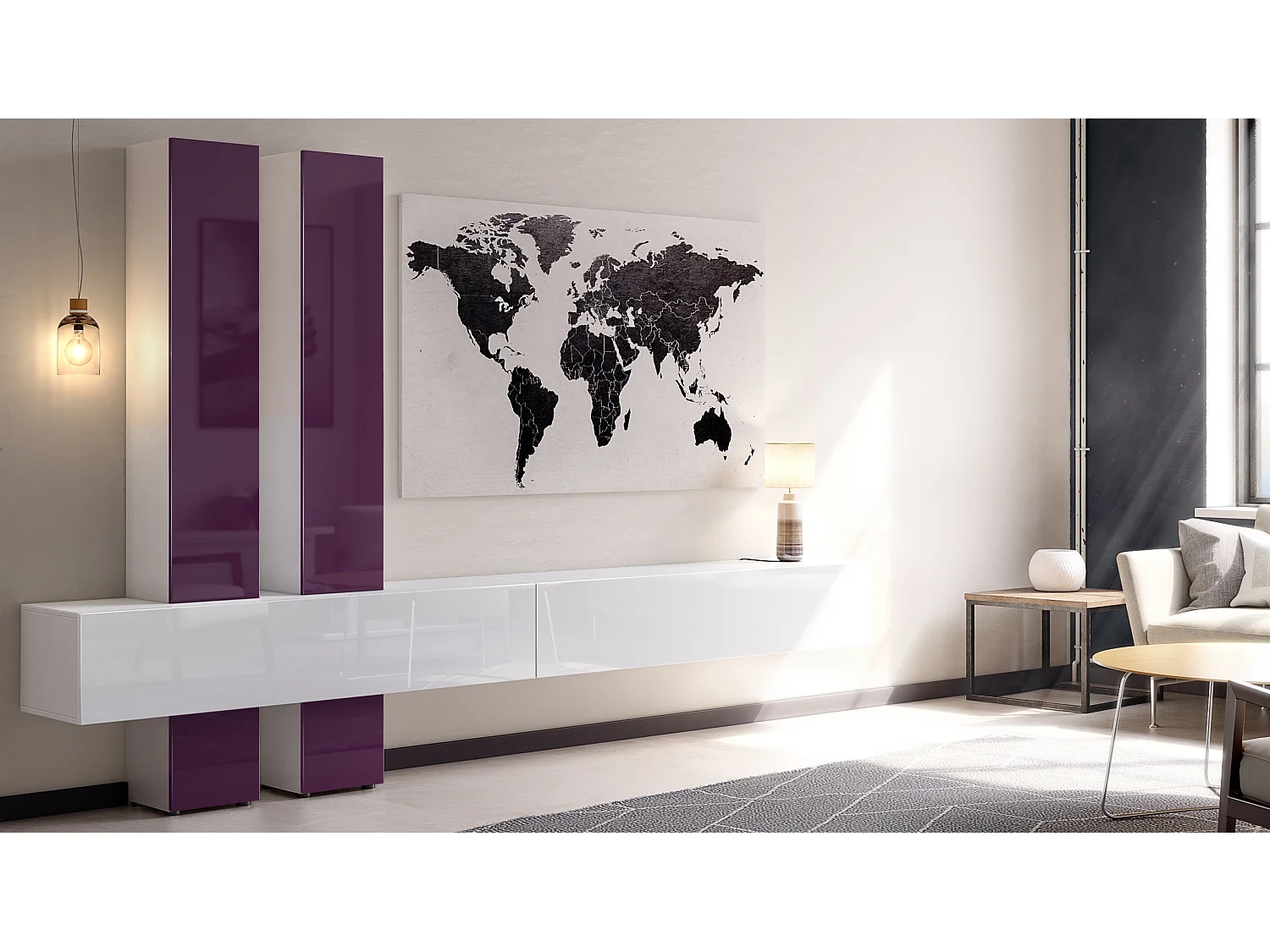 Meuble-paroi Moja de  - Blanc mat & blanc/mûre haute brillance - Meuble-paroi moderne pour votre salon (LxHxP) 330 x 204 x 39 cm