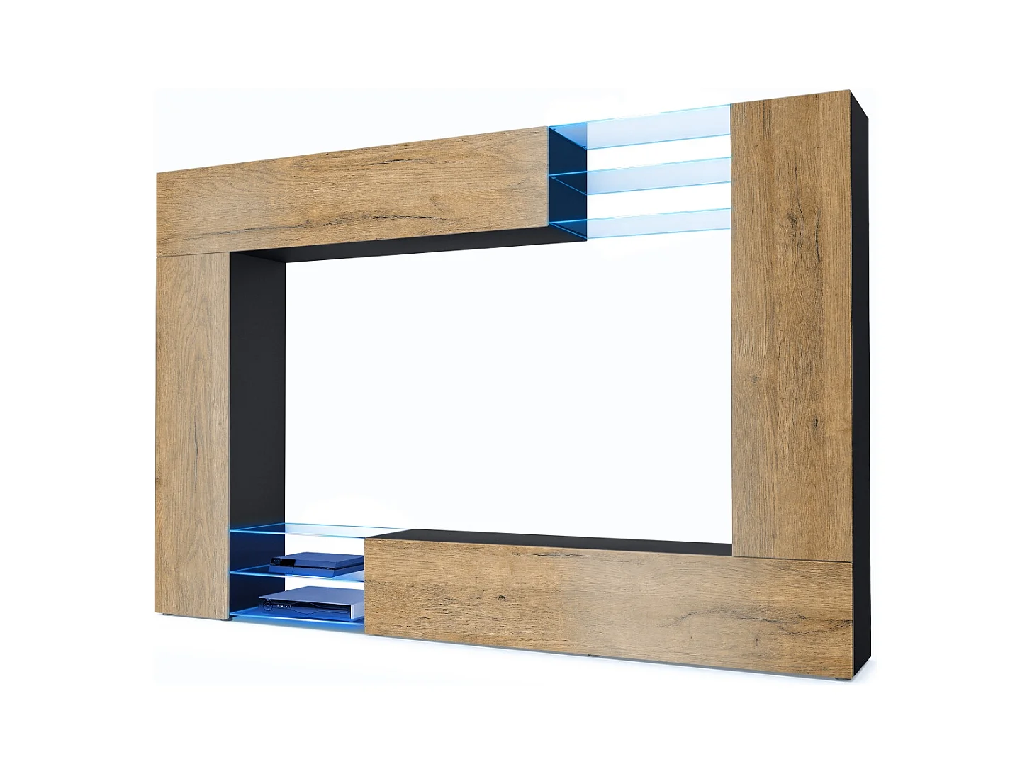 Meuble TV mural Mirage, Ensemble étagère TV et 2 portes, 2 clapets et 6 étagères en verre, Noir mat/Chêne Nature, éclairage LED inclus (262 x 183 x 39 cm)