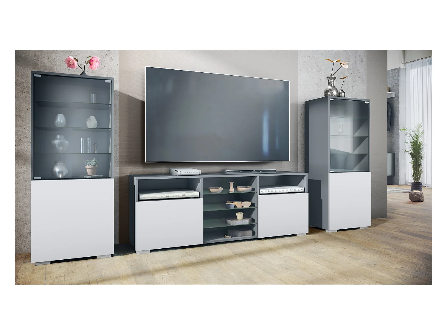 Ensemble mural Granada pour salon, comprenant 2 vitrines et 1 meuble TV, anthracite mat/blanc mat (286 x 122,5 x 35 cm)