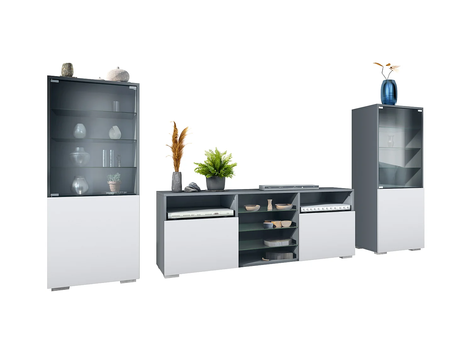 Ensemble mural Granada pour salon, comprenant 2 vitrines et 1 meuble TV, anthracite mat/blanc mat (286 x 122,5 x 35 cm)