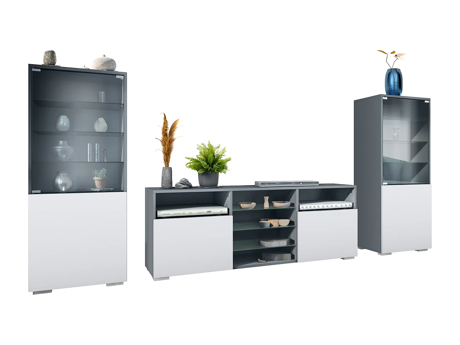 Mueble de pared Granada para sala de estar, compuesto por 2 vitrinas y 1 mueble de TV,antracita mate/blanco mate (286 x 122,5 x 35 cm)