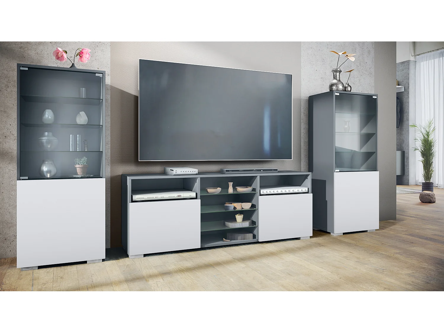 Mueble de pared Granada para sala de estar, compuesto por 2 vitrinas y 1 mueble de TV,antracita mate/blanco mate (286 x 122,5 x 35 cm)