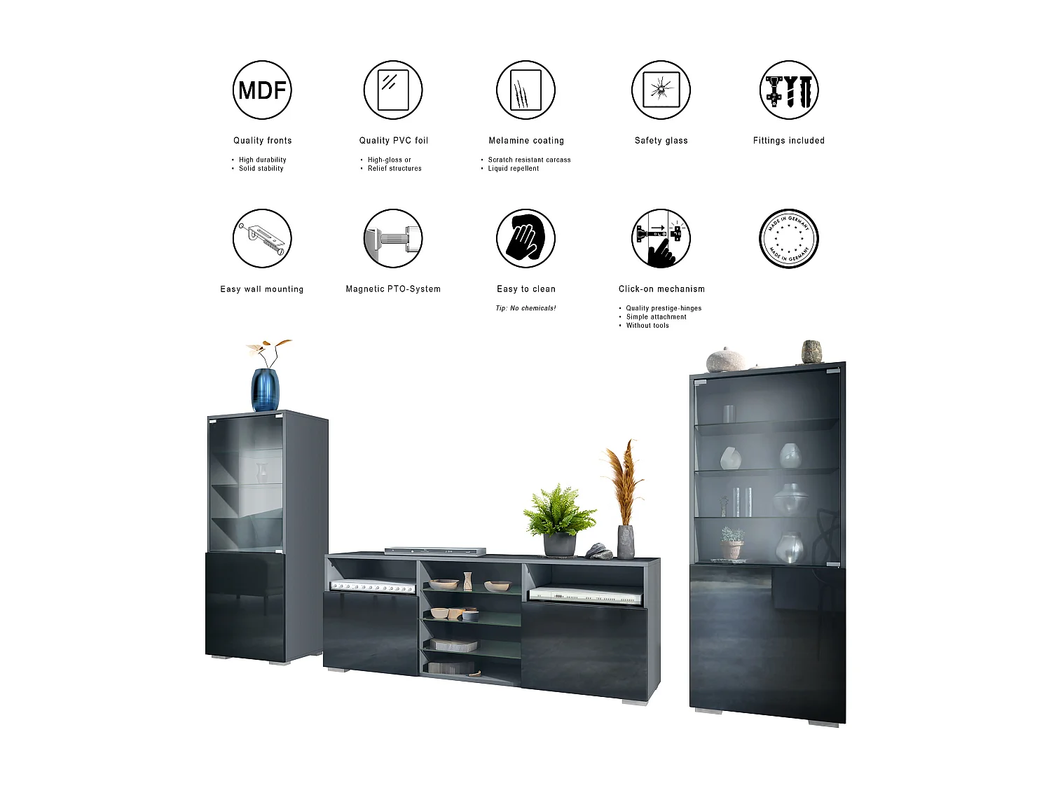 Mueble de pared Granada para sala de estar, compuesto por 2 vitrinas y 1 mueble de TV,antracita mate/blanco mate (286 x 122,5 x 35 cm)