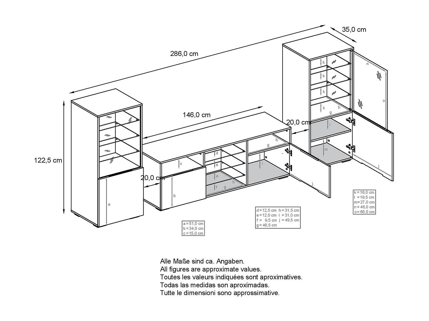Mueble de pared Granada para sala de estar, compuesto por 2 vitrinas y 1 mueble de TV,antracita mate/blanco mate (286 x 122,5 x 35 cm)