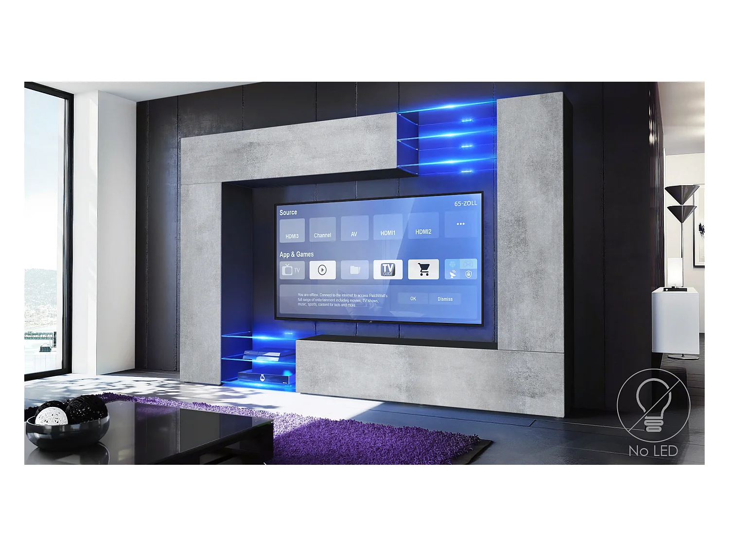 Meuble TV mural Mirage, Ensemble étagère TV et 2 portes, 2 clapets et 6 étagères en verre, Noir mat/Aspect Béton Oxyde (262 x 183 x 39 cm)