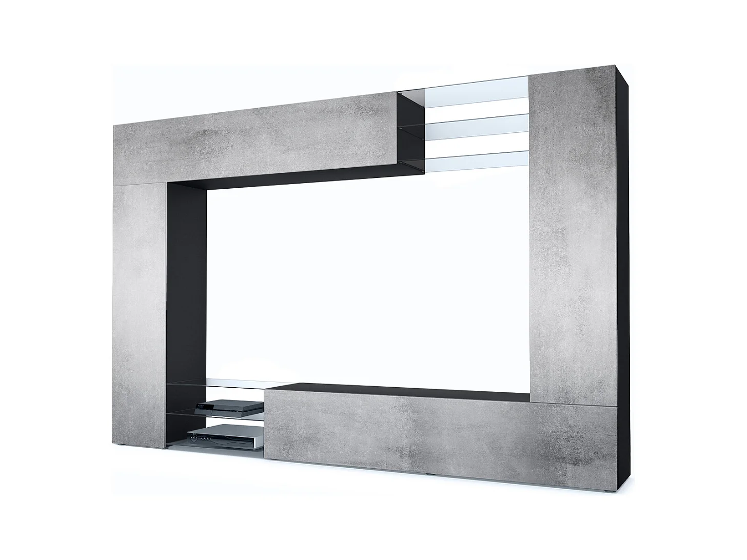 Meuble TV mural Mirage, Ensemble étagère TV et 2 portes, 2 clapets et 6 étagères en verre, Noir mat/Aspect Béton Oxyde (262 x 183 x 39 cm)