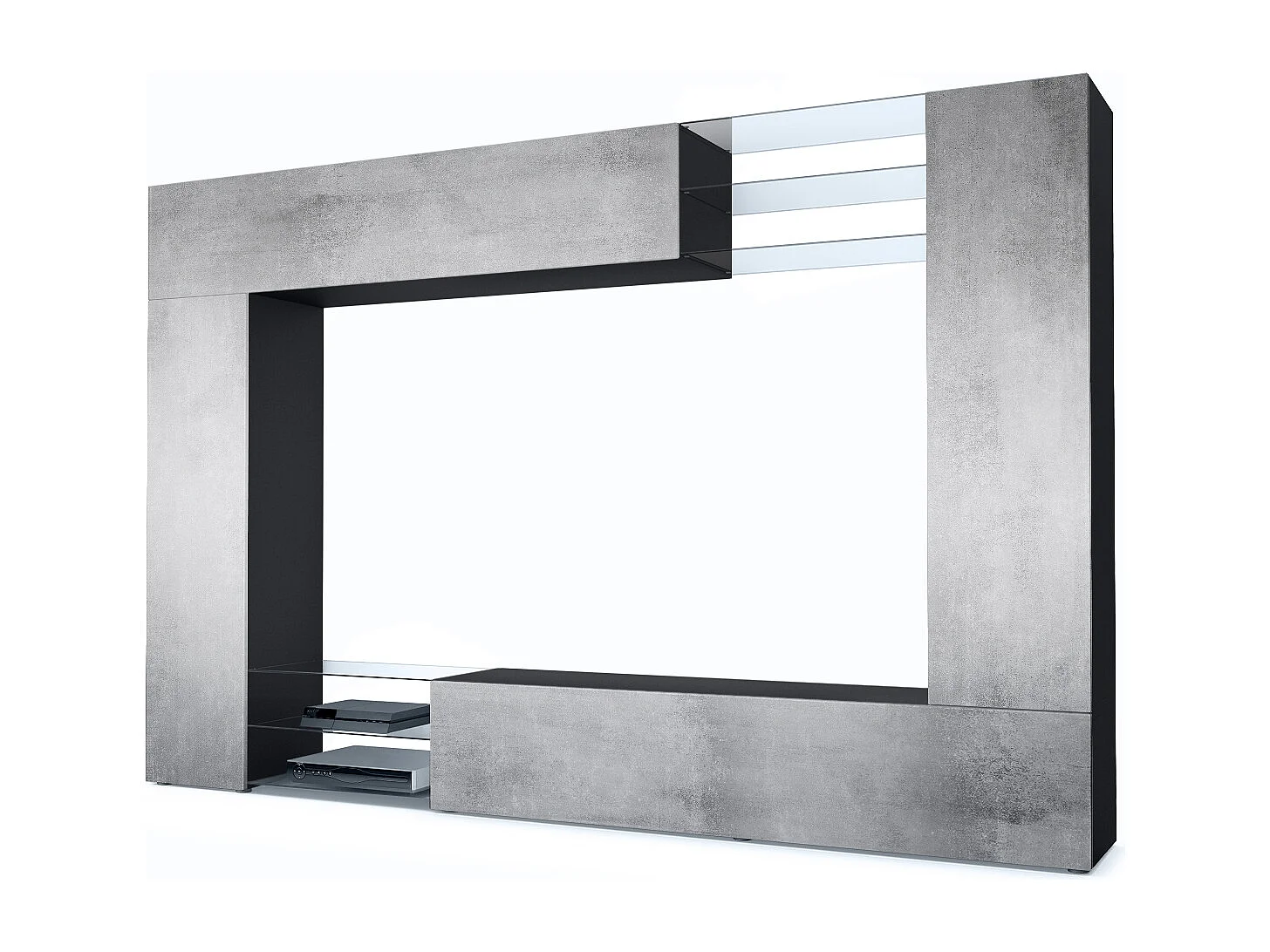 Meuble TV mural Mirage, Ensemble étagère TV et 2 portes, 2 clapets et 6 étagères en verre, Noir mat/Aspect Béton Oxyde (262 x 183 x 39 cm)