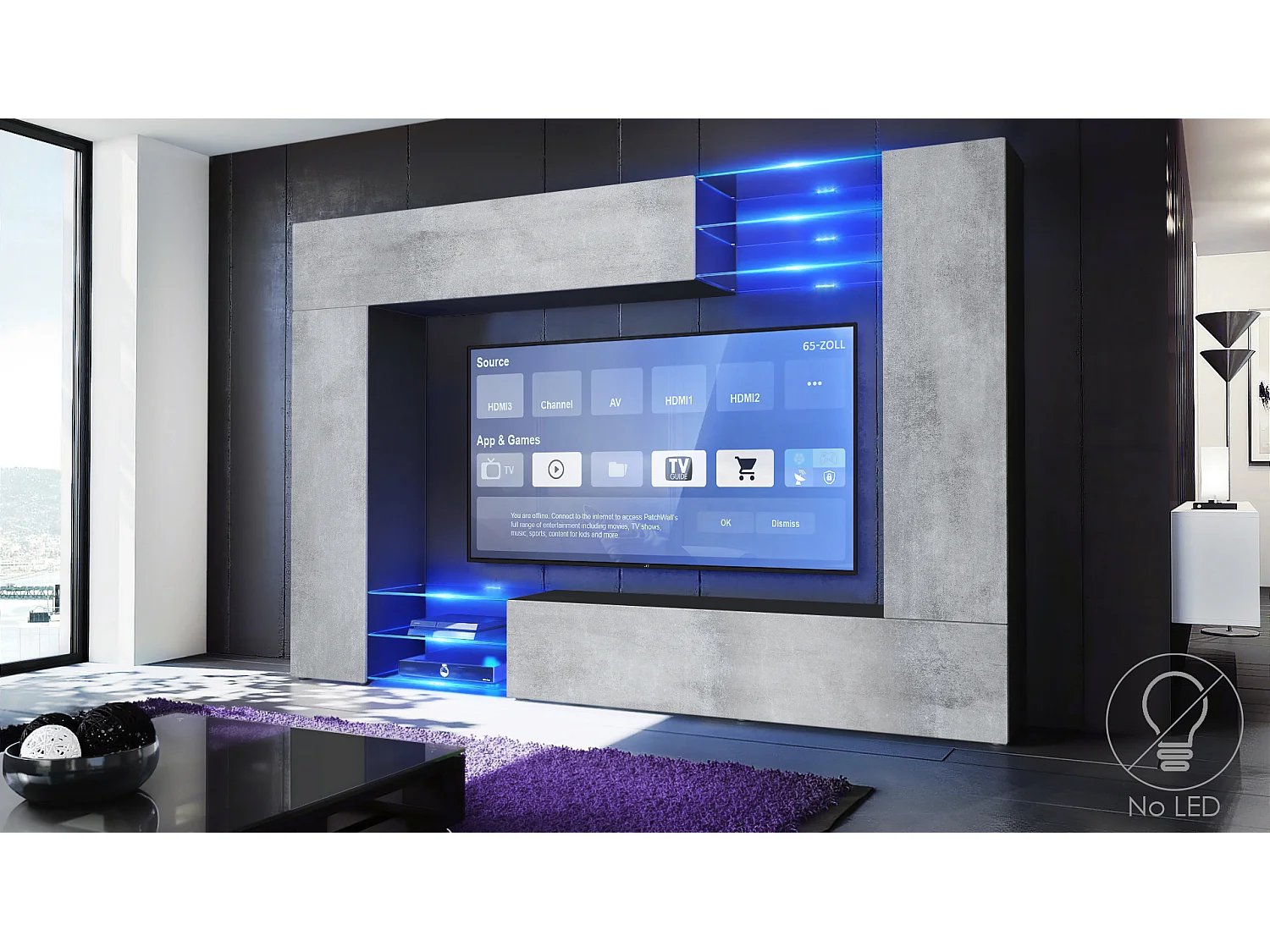 Meuble TV mural Mirage, Ensemble étagère TV et 2 portes, 2 clapets et 6 étagères en verre, Noir mat/Aspect Béton Oxyde (262 x 183 x 39 cm)