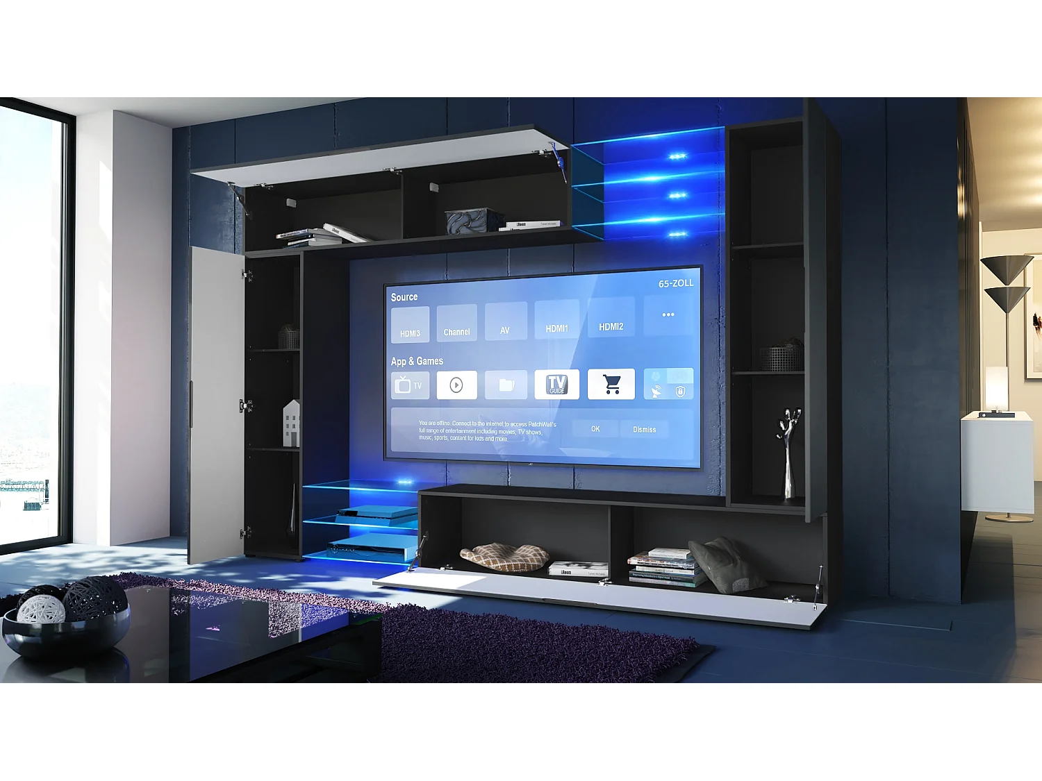 Meuble TV mural Mirage, Ensemble étagère TV et 2 portes, 2 clapets et 6 étagères en verre, Noir mat/Aspect Béton Oxyde (262 x 183 x 39 cm)