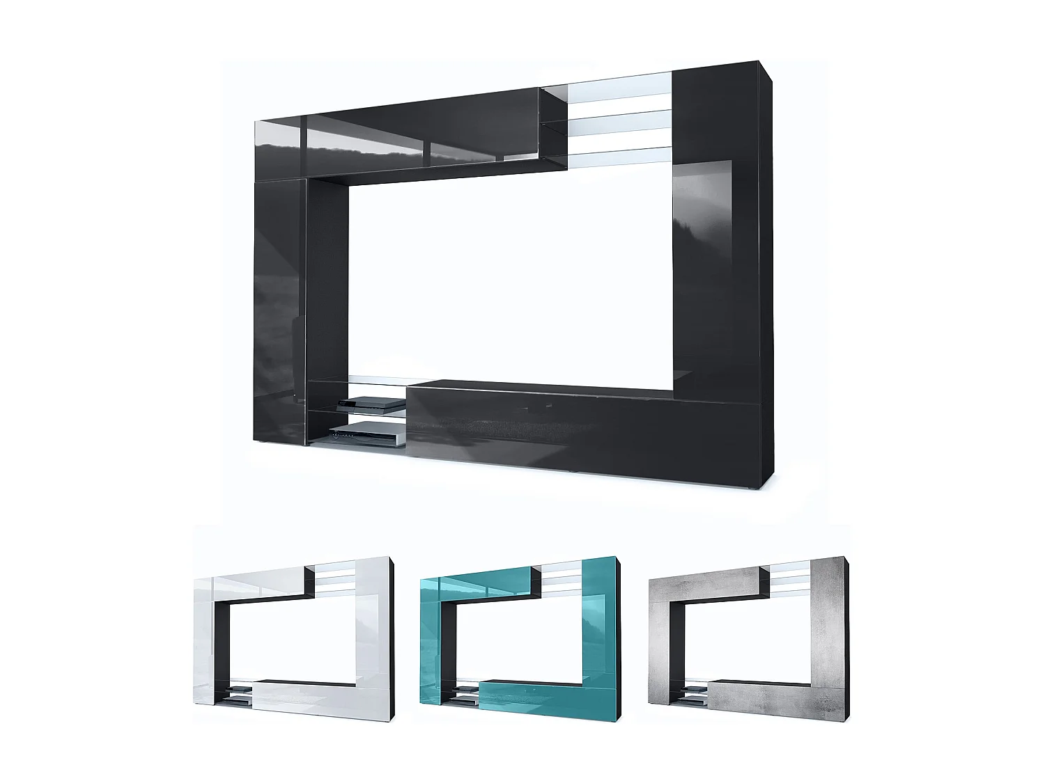 Meuble TV mural Mirage, Ensemble étagère TV et 2 portes, 2 clapets et 6 étagères en verre, Noir mat/Aspect Béton Oxyde (262 x 183 x 39 cm)