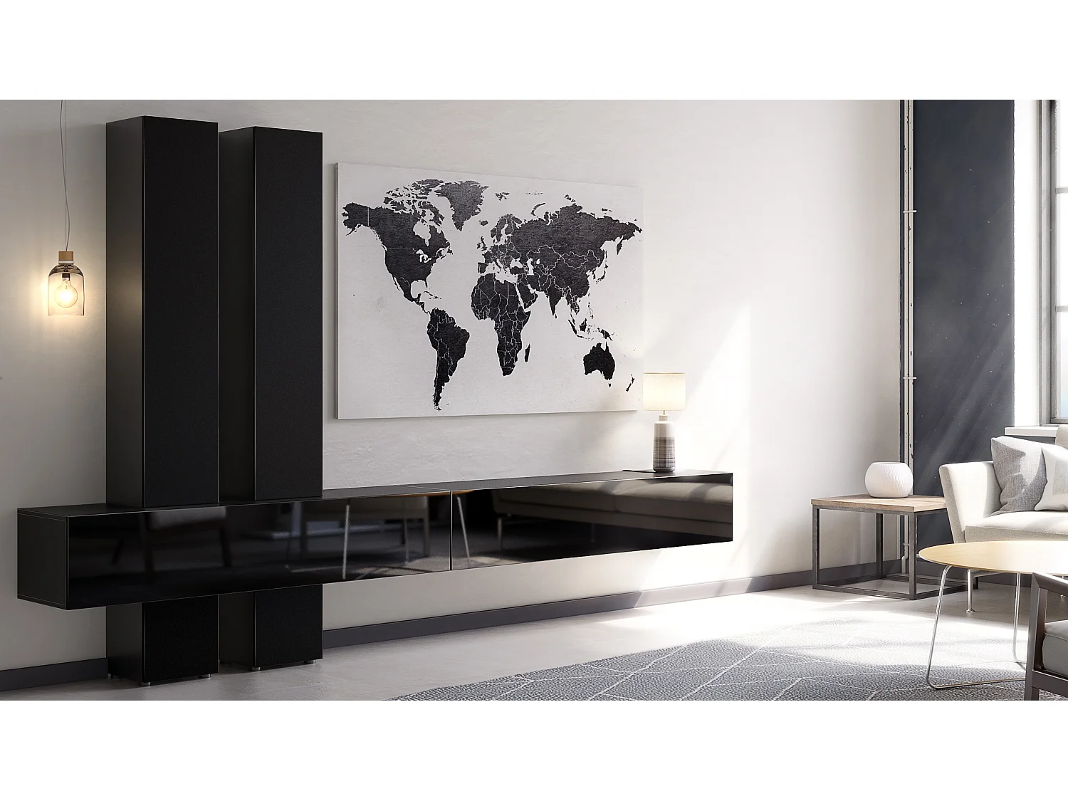 Meuble-paroi Moja de  - Noir mat & noir/noir mat - Meuble-paroi moderne pour votre salon (LxHxP) 330 x 204 x 39 cm